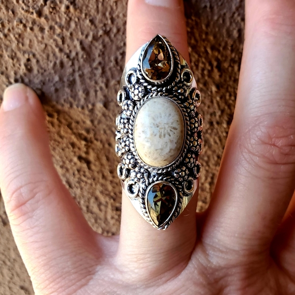 New Fossil Coral & Smoky Topaz 925 Silver Ring. - Picture 6 of 16